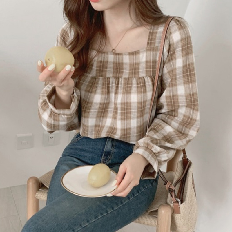 Áo Sơ Mi Ca Rô Dài Tay Cổ Vuông Theo Phong Cách Retro