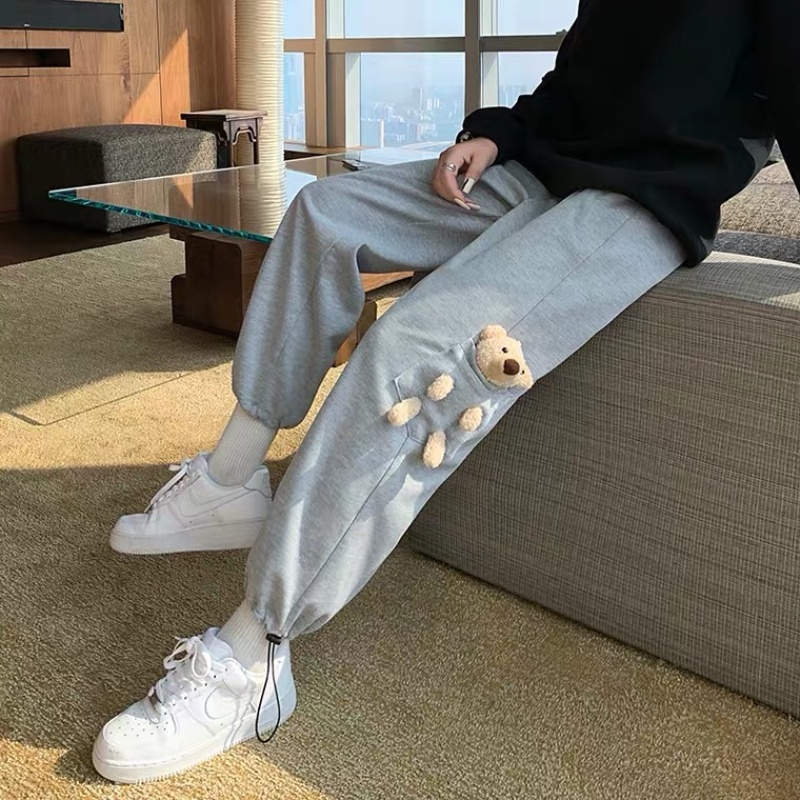 ✦ AFFLIGA ✦Quần thể thao ống đứng vải cotton co giãn in hình gấu hoạt hình thời trang Hàn Quốc cho nam size S-3XL