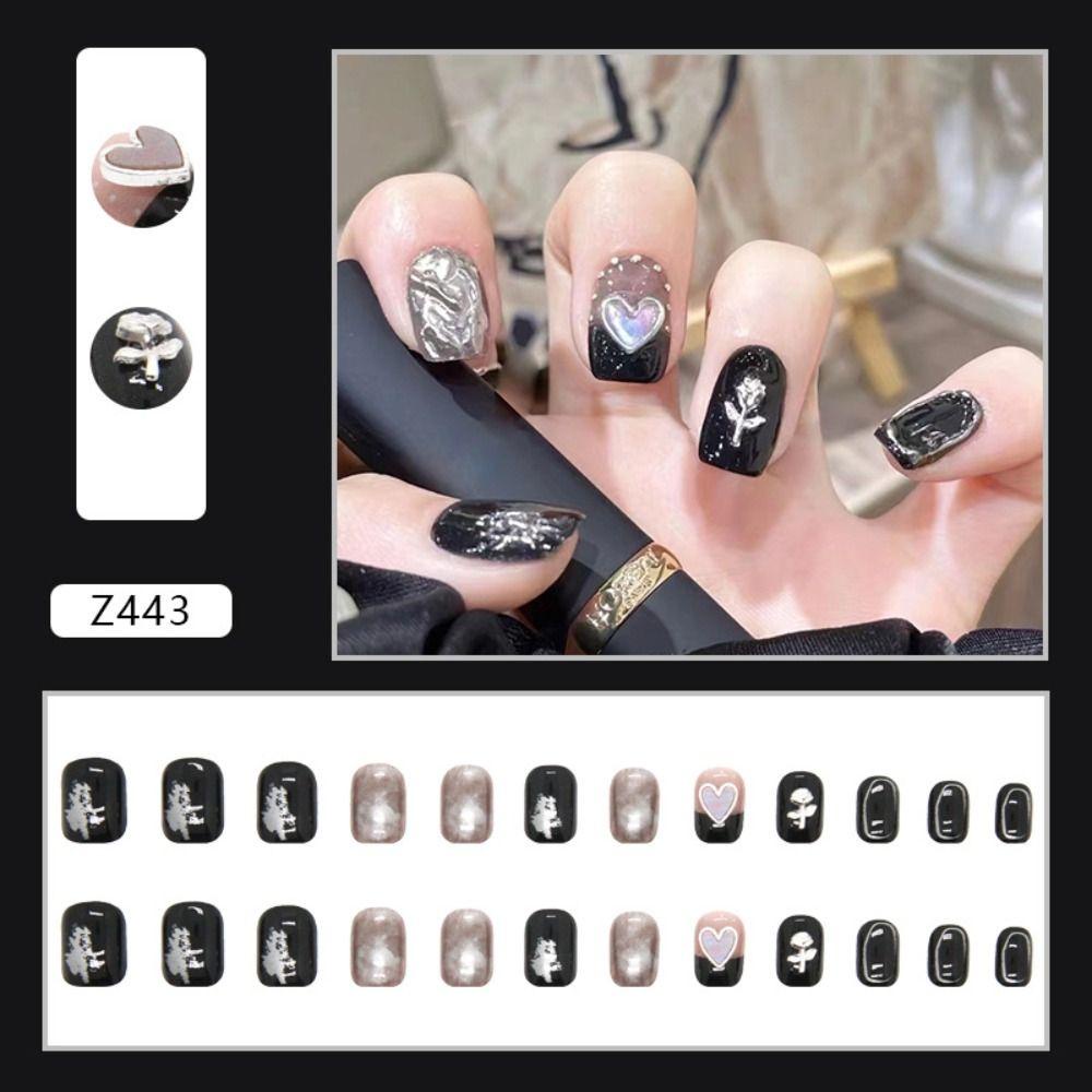 Bộ 24 Móng Tay Giả Hình Vuông Họa Tiết Hoa Hồng / Trái Tim / Hoa Hồng Màu Nâu / Đen Xinh Xắn