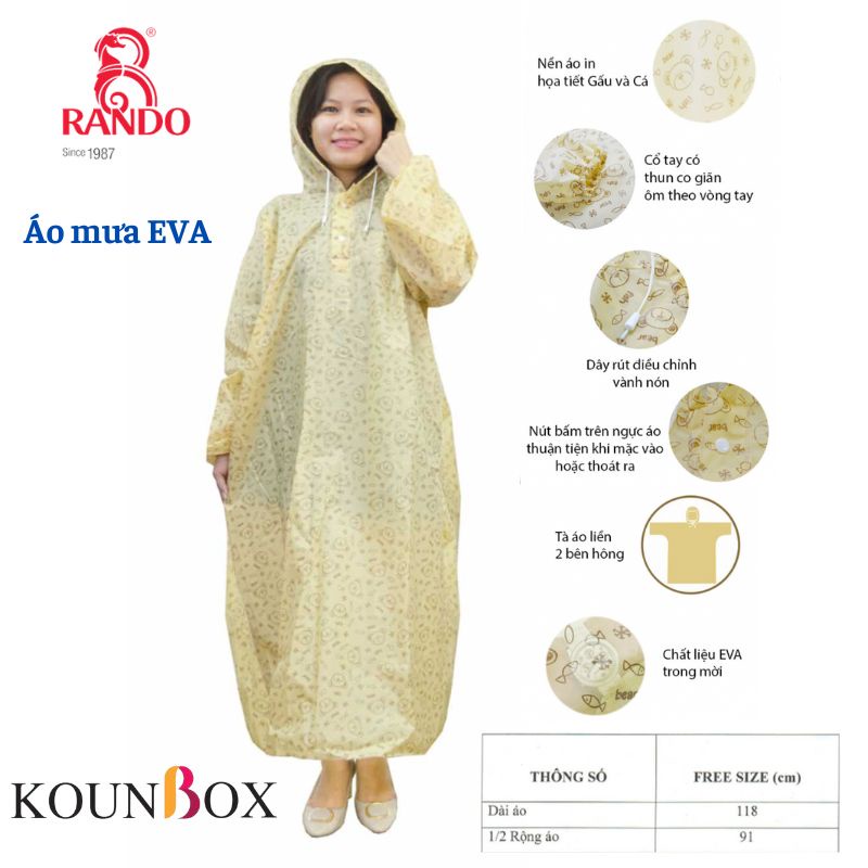 Áo Mưa RANDO Eva Apas-02 | Họa Tiết GấU - Chất Liệu Trong Mờ, Dẻo Dai, Mềm Mại - Freesize | Trùm Nhanh, Kín 2 Bên Hông