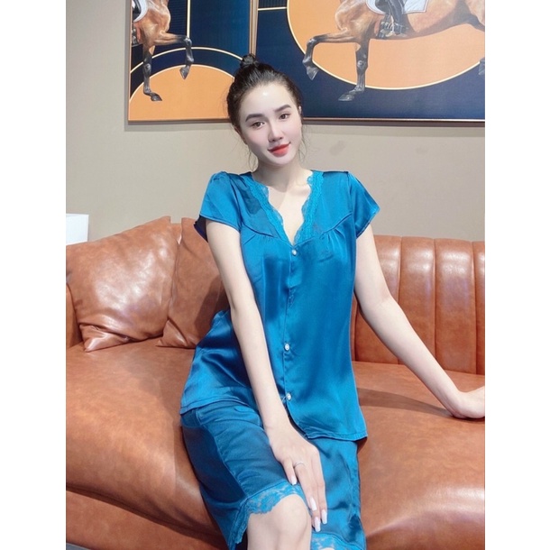 🔥HOT🔥 Bộ lụa lửng mặc nhà tay ngắn cổ v viền ren lụa satin siêu đẹp