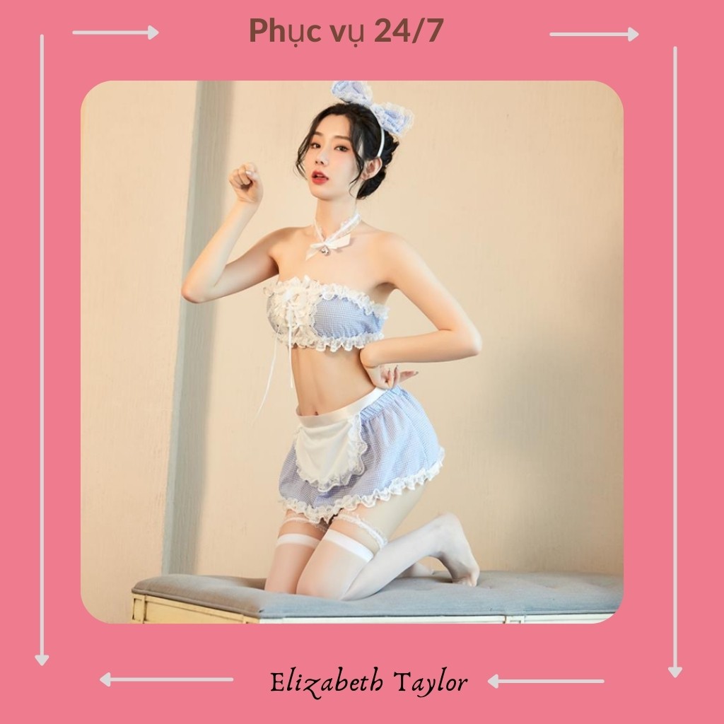 Cosplay sexy hầu gái - Bộ đồ lót nữ sexy gợi cảm - Set đồ cô hầu gái kẻ caro xanh kèm theo Tất ren