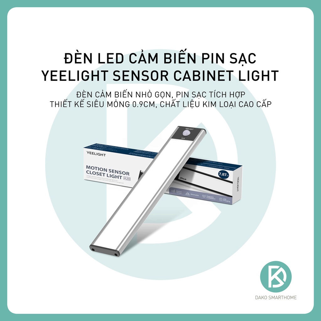 Đèn led thanh cảm biến tích điện Yeelight Sensor Cabinet Light, 20-40-60cm, pin sạc type C - Dễ dàng lắp đặt