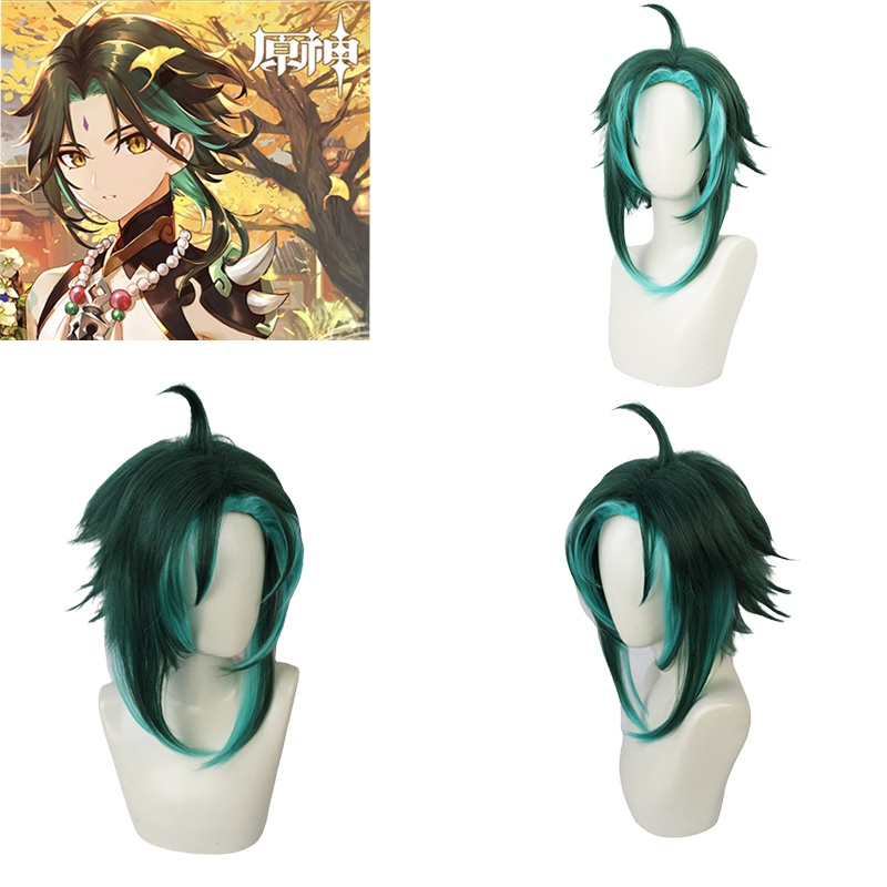 Genshin Impact Xiao Cosplay Wigs Mixed Dark Green Blue Short Hair Halloween Role Play WigsInky Blue Gradient Hair Gift
