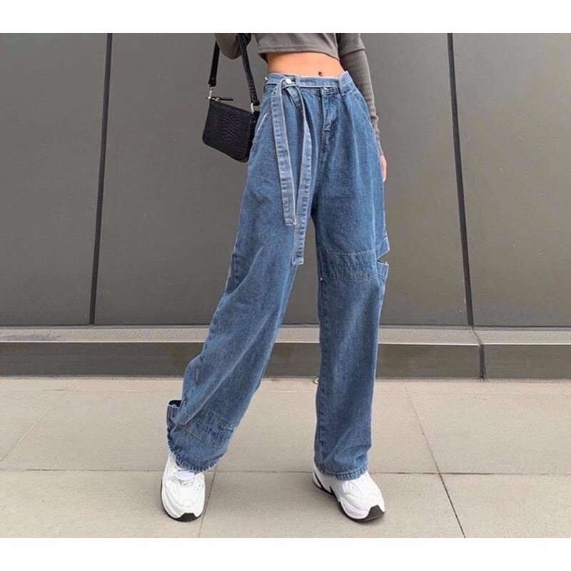 Quần bò kèm đai rách sườn chân xuông⚡️FREESHIP EXTRA⚡️quần JEANS rách sườn chân kèm dây cool ngầu, cá tính