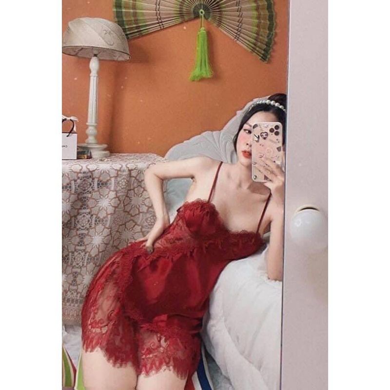 VN03 váy ngủ đầm ngủ nữ lụa satin pha ren mềm mại thoáng mát