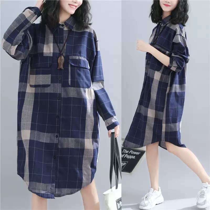 Bigsize dưới 75kg Váy sơmi suông cá tính năng động, kẻ caro to, váy bầu mặc thoải mái
