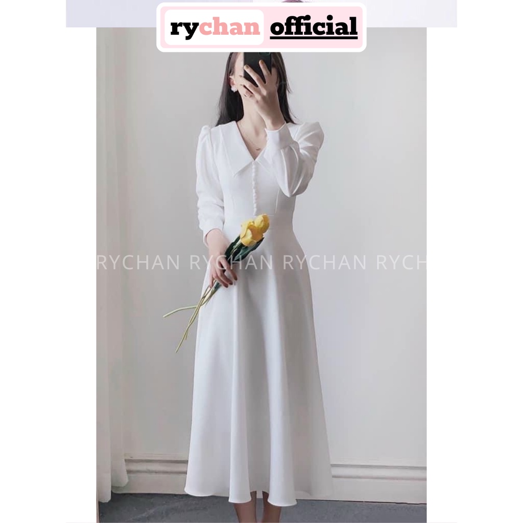 Đầm Xòe Midi Trắng Cổ Thủy Thủ Nút Bọc Tiểu Thư Lót Trong Dày Dặn [Ảnh Thật Cuối] - DX0081