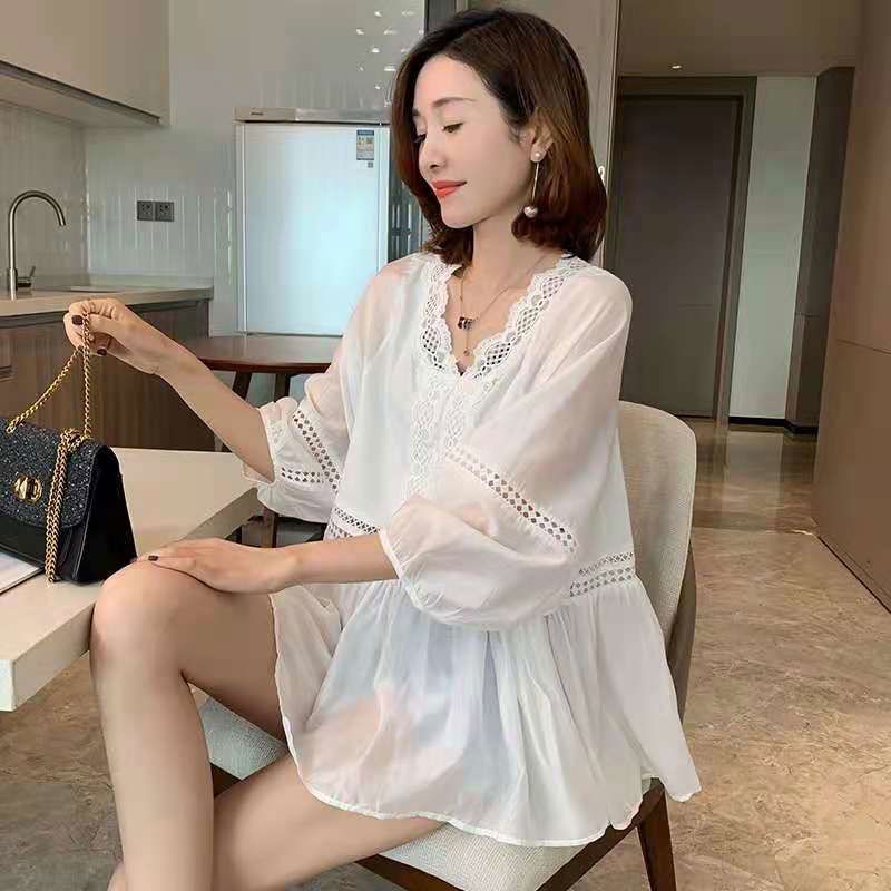 Áo Kiểu Tay Phồng Cổ Chữ V Phối Ren Lưới Thời Trang Mùa Hè 2022 Hàng Mới Phong Cách Châu Âu Dành Cho Bạn Nữ