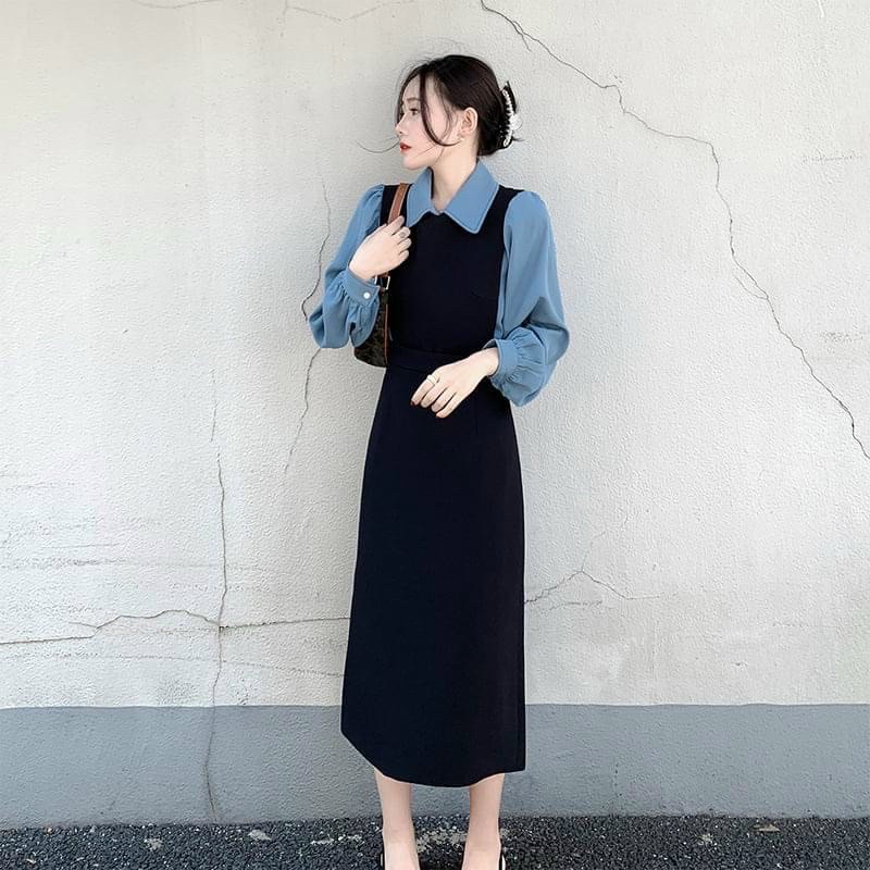 Đầm váy midi đen phối xanh tay dài