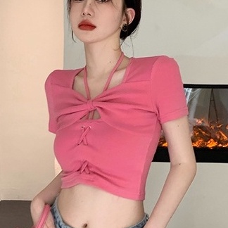 Áo croptop ZHELIHANGFEI dệt kim tay ngắn tạo kiểu nơ độc đáo quyến rũ dành cho nữ