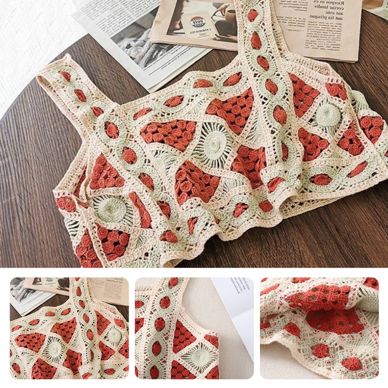 Xiangbao Áo Crop Top Dệt Kim Không Tay Họa Tiết Hình Học Rỗng Kiểu Bohemian Mùa Hè Vintage Cho Nữ