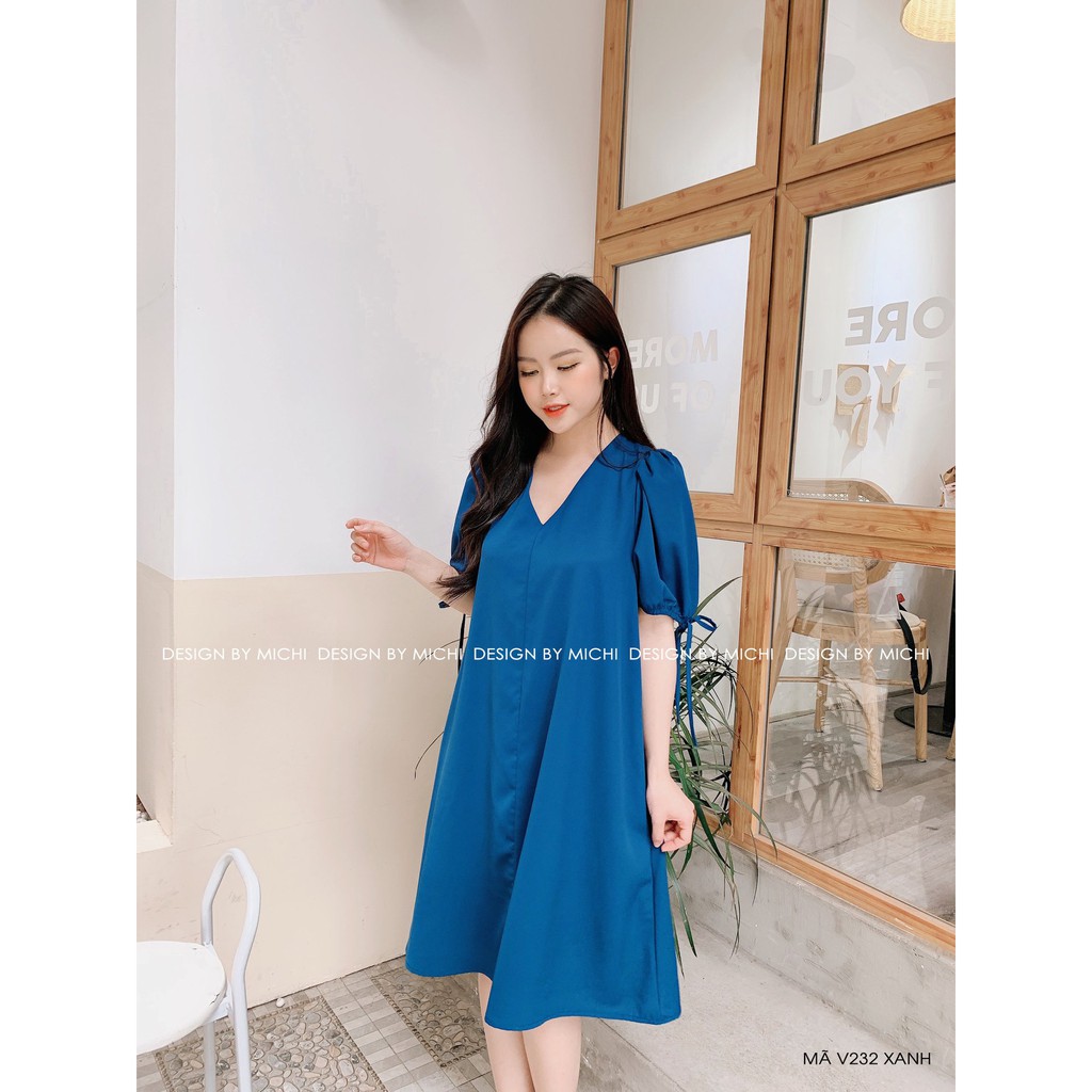 Váy thiết kế, dáng suông cổ V, tay nơ, đầm dáng xuông rộng, freesize 3 màu Xanh - Nâu - Đỏ, mã V232 - Michi's House | BigBuy360 - bigbuy360.vn