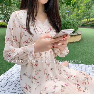 Váy Hoa ulzzang dáng dài cúc bọc voan tơ - LDCDH