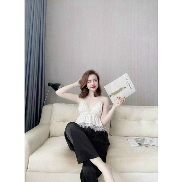 Set bộ ngủ dài hai dây lụa satin phối lưới có mút cao cấp | BigBuy360 - bigbuy360.vn