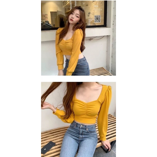 UIOWOO  Áo croptop tay phồng dài cổ vuông phong cách vintage phương Tây cho nữ