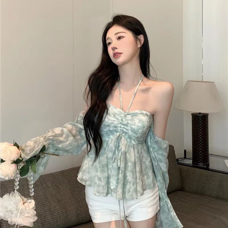 COZOK One Áo Sơ Mi Hoa Hai Dây Vải Voan Cổ Yếm