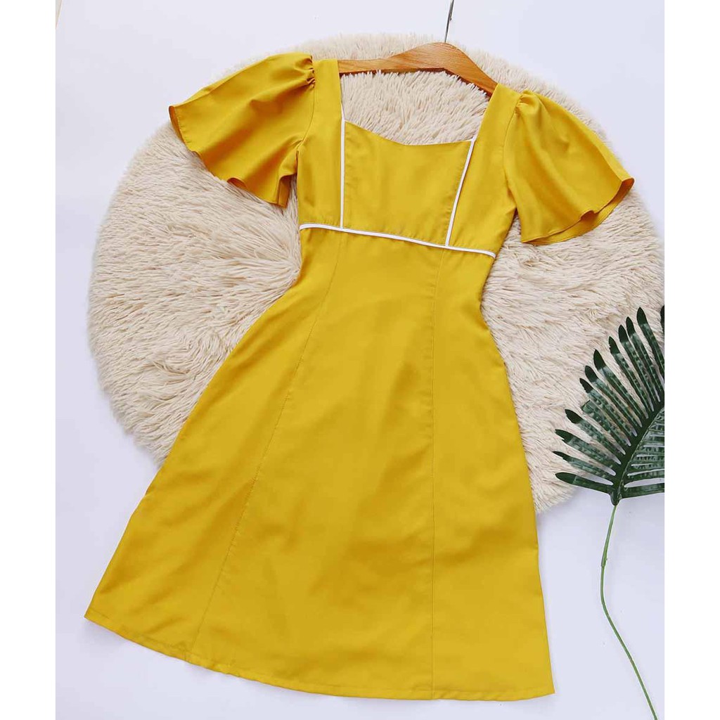 [Mã FAGREEN245 giảm 10% tối đa 30K đơn 99K] Đầm công sở màu vàng siêu tôn dáng