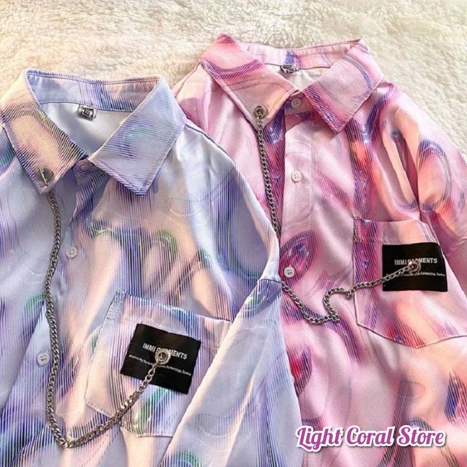 (Có sẵn) Áo sơ mi dáng rộng unisex hiệu ứng độc lạ loang màu túi hộp cùng chocker móc xích bản nhỏ ulzzang