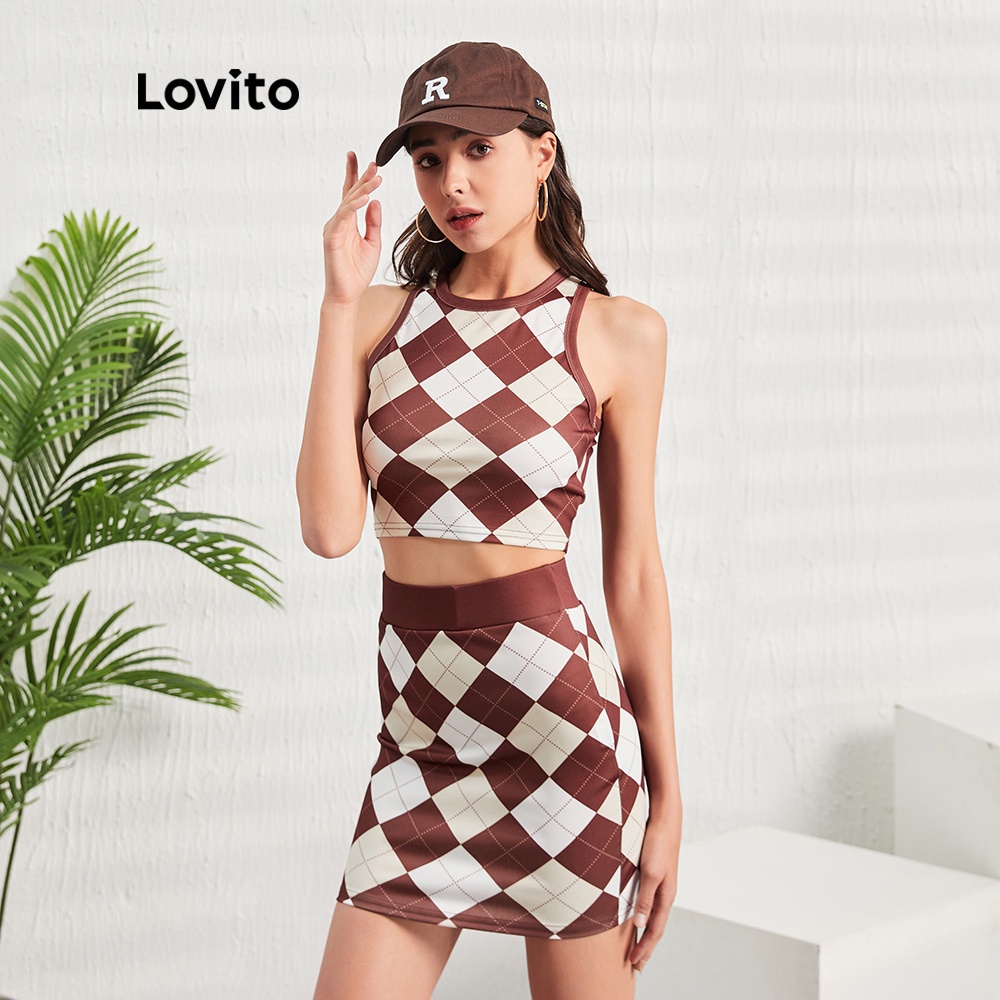 Bộ trang phục áo không tay váy ngắn kẻ sọc caro L07120 màu cà phê