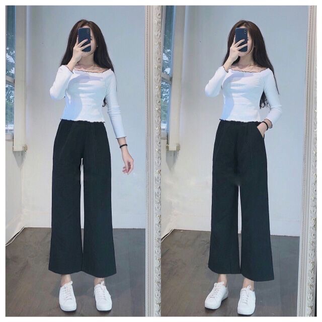 Quần culottes đũi ống suông dáng dài cạp cao