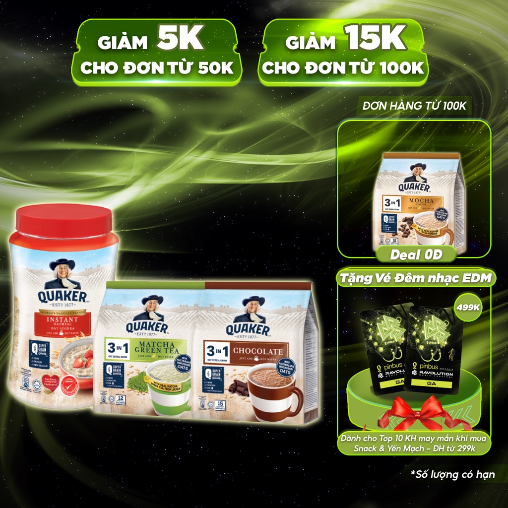 Combo Yến mạch Quaker Hũ 600g và Thức Uống Yến Mạch Quaker 3in1 Chocolate 420G, Matcha 336G