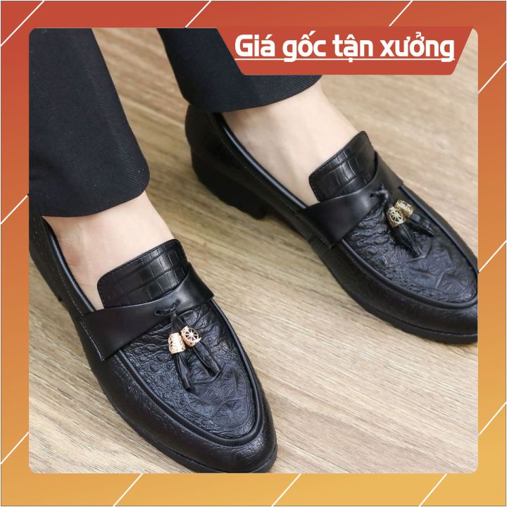 Giày lười da nam - Giày da nam công sở dập vân cá sấu Đính Chuông Siêu Đẹp - Đế cao su non cao 3cm