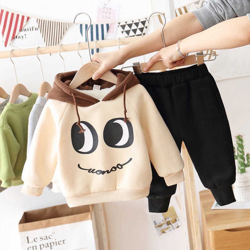 Bộ Nỉ Bông Đôi Mắt Có Mũ Cực Xinh Cho Bé Gái từ 6 -27kg, Bộ Nỉ Thu Đông Cho Bé Kids House