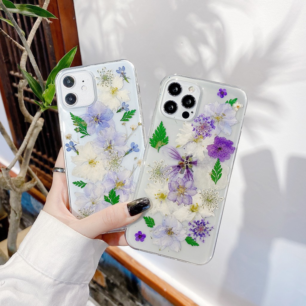 Ốp Điện Thoại TPU Mềm Trong Suốt Phối Hoa Khô Thật Cho iPhone 12 Pro Max 11 Pro 7 8 Plus X XS Max XR SE 2020 12