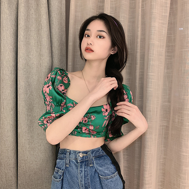 DUNEA Áo kiểu cổ vuông họa tiết hoa phong cách retro gợi cảm thời trang cho nữ