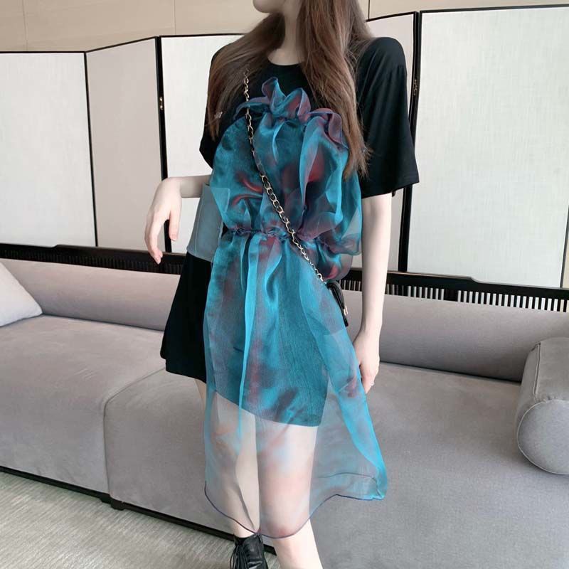 2021 design new summer organza pleated irregular denim mesh stitching cotton short sleeve T-shirt female ins trendy styl