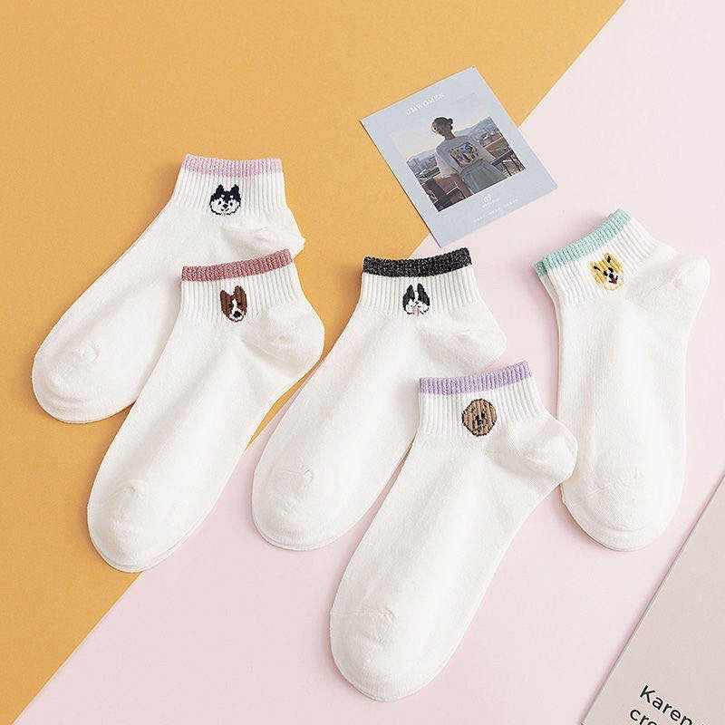 Vớ, Tất Nữ Ngắn Cổ Viền Màu Hình Cún Cute T16 [Ngẫu Nhiên Màu]
