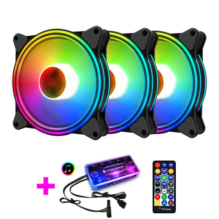 Bộ 3 Quạt Tản Nhiệt, Fan Case Coolmoon M1 Led RGB 16 Triệu Màu, 366 Hiệu Ứng  - Kèm Bộ Hub Sync Main, Đổi Màu Theo Nhạc