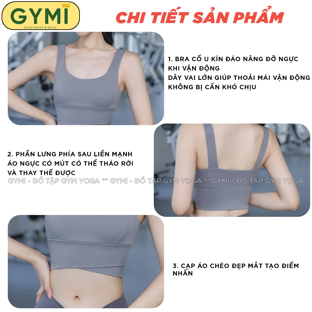 Áo bra tập gym yoga nữ GYMI AL43 dáng croptop thể thao chất thun poly lạnh mút ngực có thể tháo rời nâng ngực