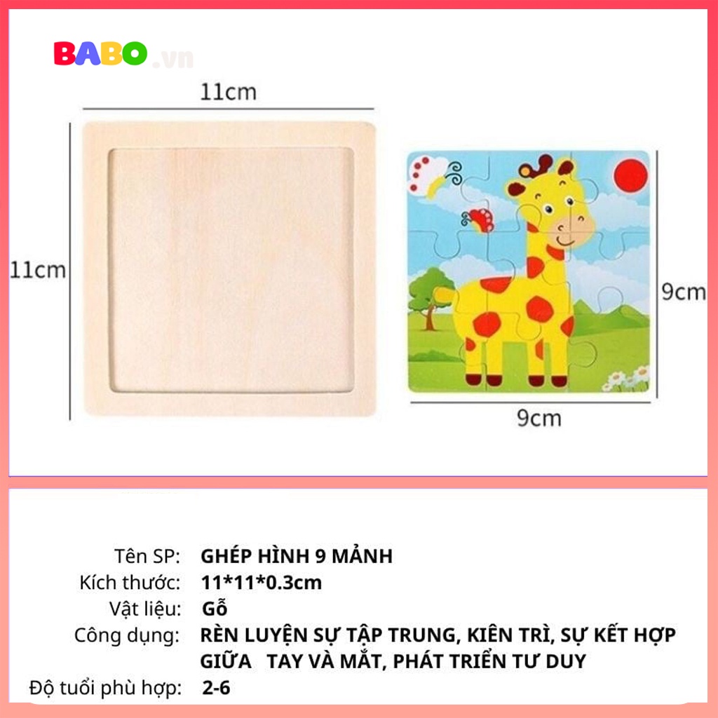 Đồ chơi xếp hình, Tranh Ghép gỗ 9 mảnh size nhỏ 11x11 cho bé BABO - TG132