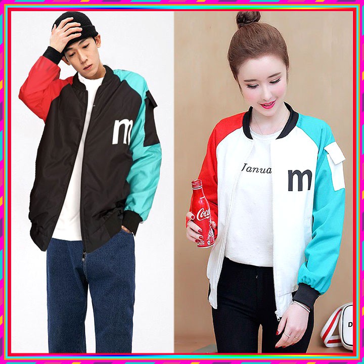 ⚡ VẢI TÔT ⚡ Áo Khoác Nhẹ Bomber Khóa Kéo Chữ M Cá Tính Lưng In GIÓ NAM NỮ 2 LỚP