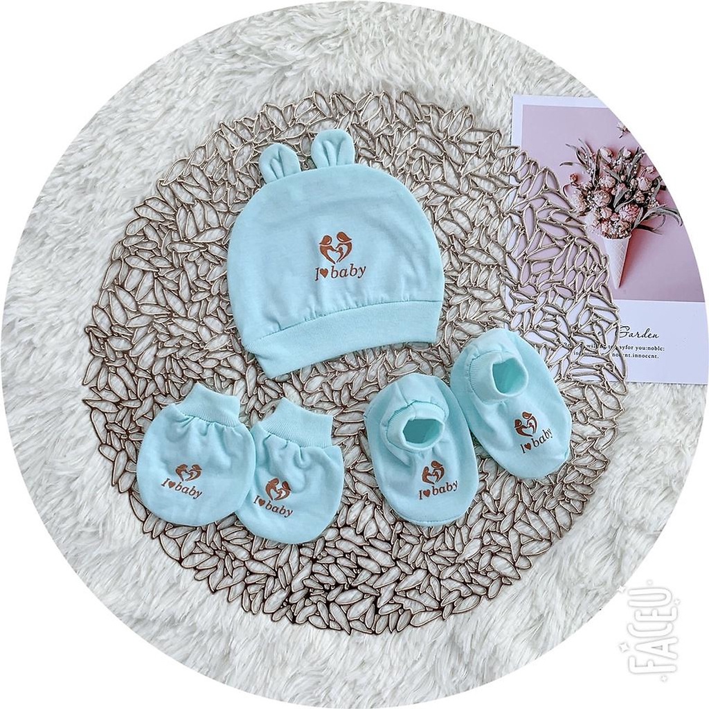 Set mũ bao tay chân i love baby hàng đẹp cho bé 0 - 3 tháng