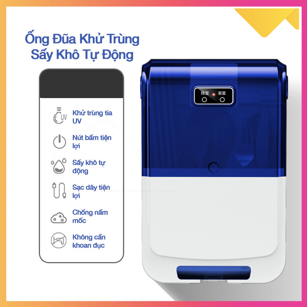 [Tặng Khăn Lau Bếp Siêu Thấm] Ống đựng đũa khử trùng tia UV - Ống đựng đũa sấy khô tự động treo tường SMM-006