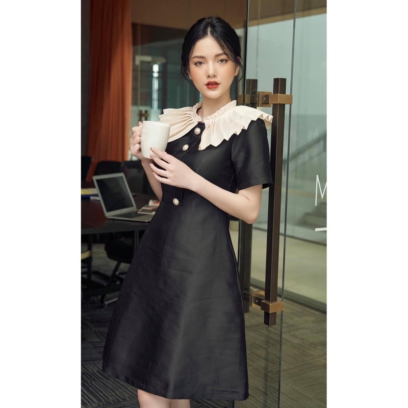 Đầm dự tiệc sang trọng, dạo phố, dáng chữ A, dáng suông, dạng váy cổ bèo tiểu thư vải bố màu đen đủ size