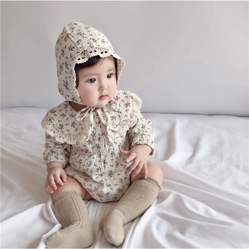 Bộ romper kèm mũ bé gái họa tiết hoa nhí phong cách Hàn quốc