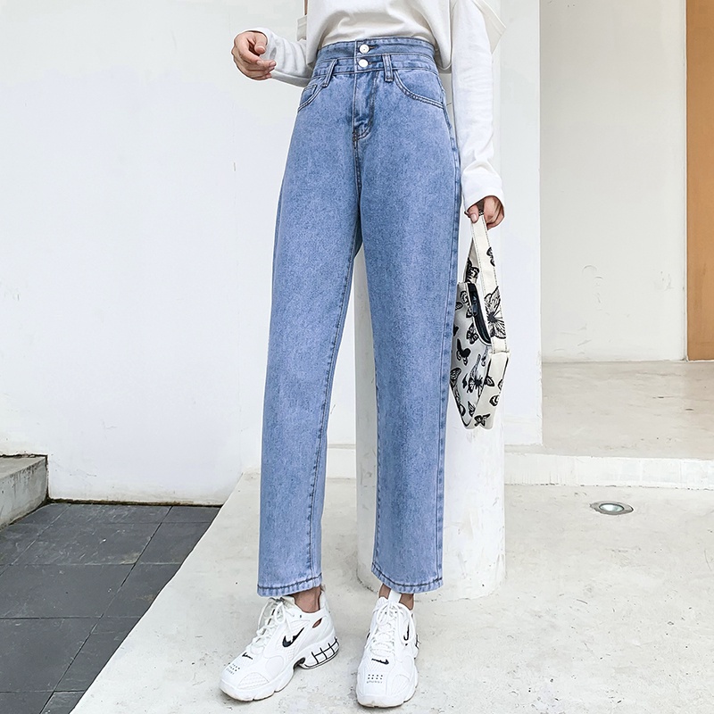 NRVP Quần jeans lưng cao ống rộng thiết kế xẻ rách cá tính