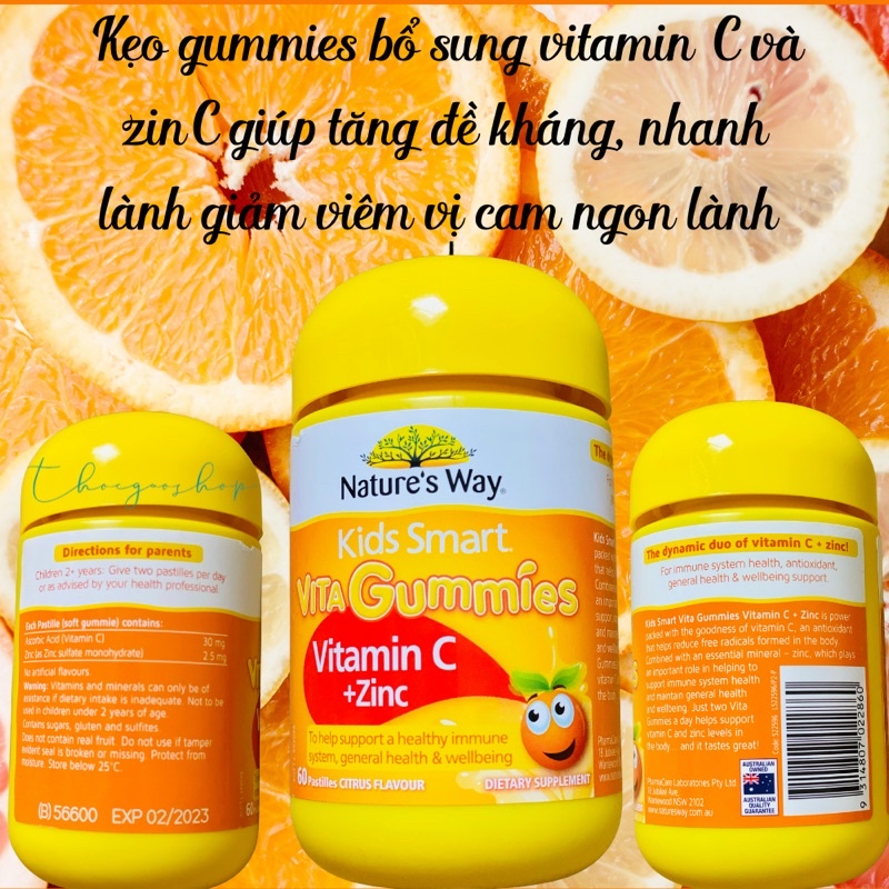 Kẹo gôm Kids smart vita gummies bổ sung multivitamin/canxi và vtm D/vtm C và zinC 60 viên Nature's way Úc