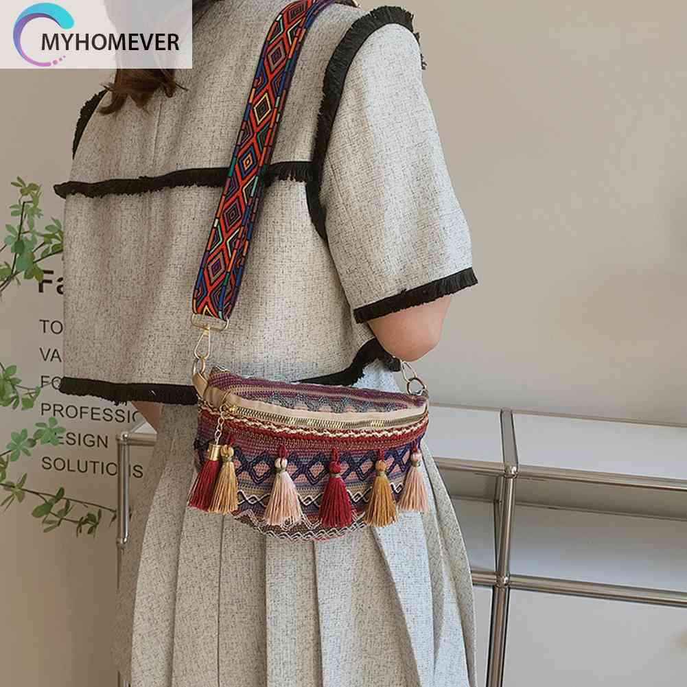 Túi Đeo Chéo Ngực Vải Canvas Phối Tua Rua Phong Cách Thổ Cẩm