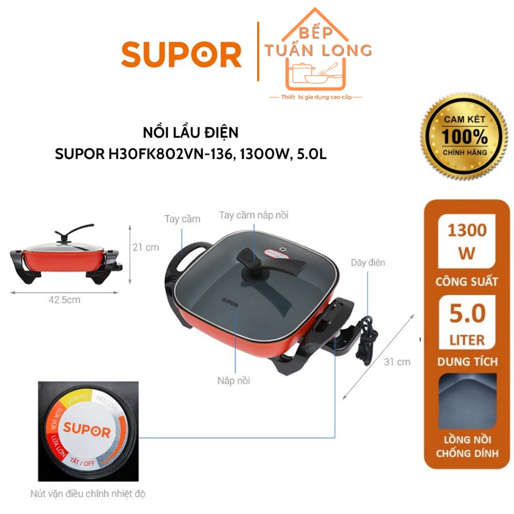 Nồi Lẩu Điện Supor H30FK802VN, Dung Tích 5L Hàng Chính Hãng Bảo Hành 1 Năm
