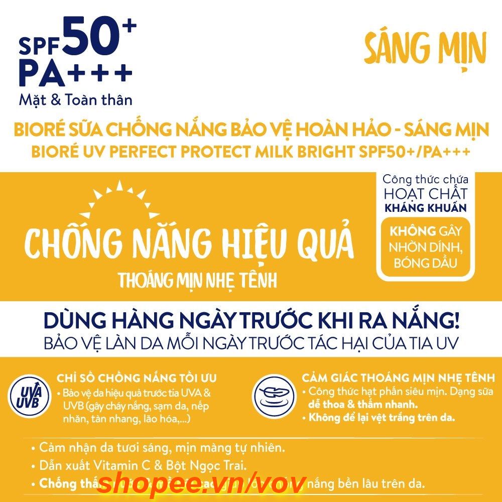 Sữa Chống Nắng 25ml Biore UV Perfect Protect Milk Bright Sáng Mịn SPF50+/PA+++, Vov Cung Cấp & Bảo Trợ.