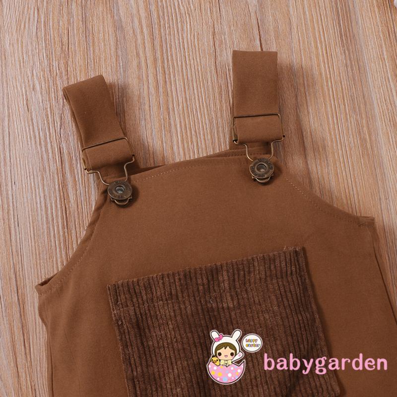 Bộ áo cổ tròn tay dài kiểu nhún bèo có nút gài phía dưới + váy yếm có túi phía trước + băng đô dành cho bé gái