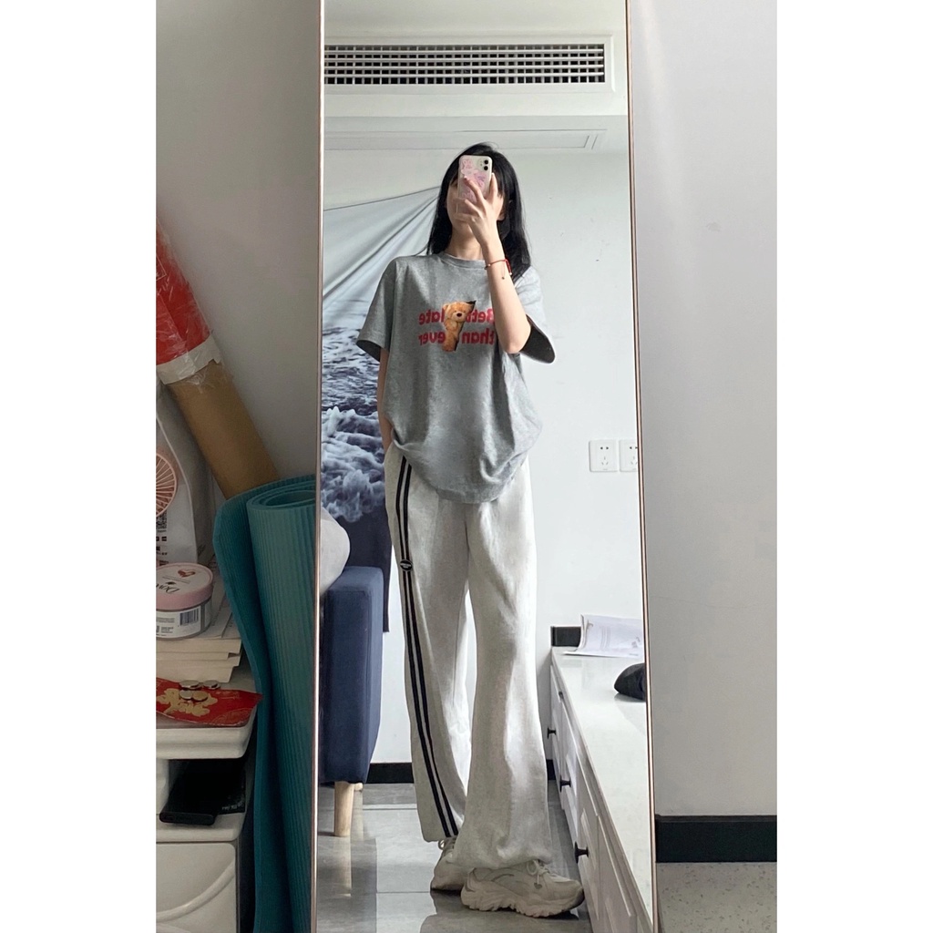 Quần Thể Thao Lưng Cao Ống Rộng Họa Tiết Kẻ Sọc Size S-4XL Phong Cách Hong Kong Cho Nữ