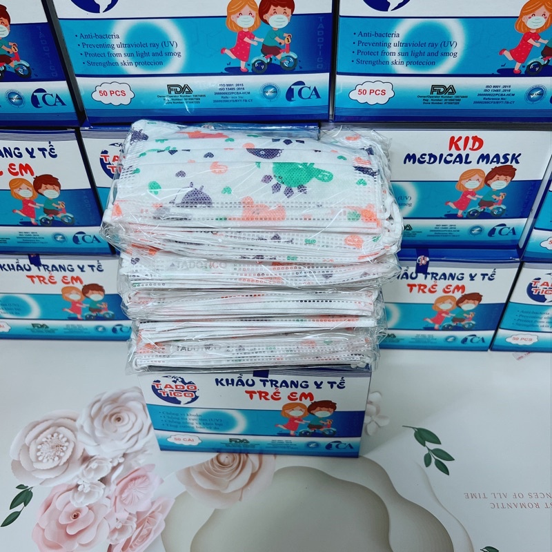 Khẩu trang cho bé y tế kháng khuẩn hộp 50 chiếc , khẩu trang trẻ em mask kid ngăn ngừa khói bụi độc hại