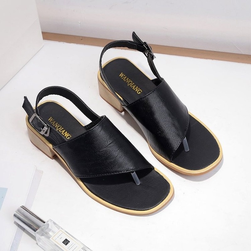 Big Size 35-42 Giày Sandal nữ mũi vuông thời trang hở gót phối dây màu đen - Giày nữ Trắng