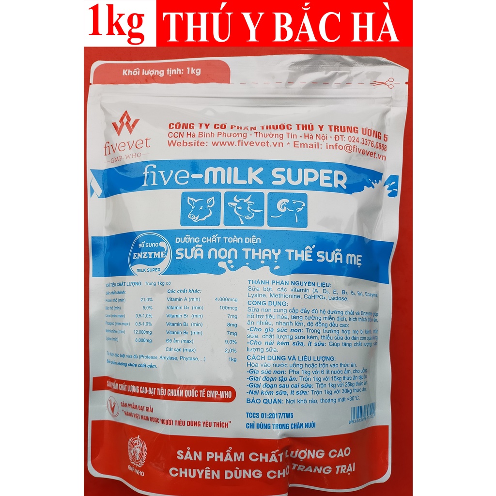 1 kg FIVE-MILK SUPER SỮA NON THAY THẾ SỮA MẸ DINH DƯỠNG TOÀN DIỆN, BỔ SUNG MEN TIÊU HÓA ENZYME